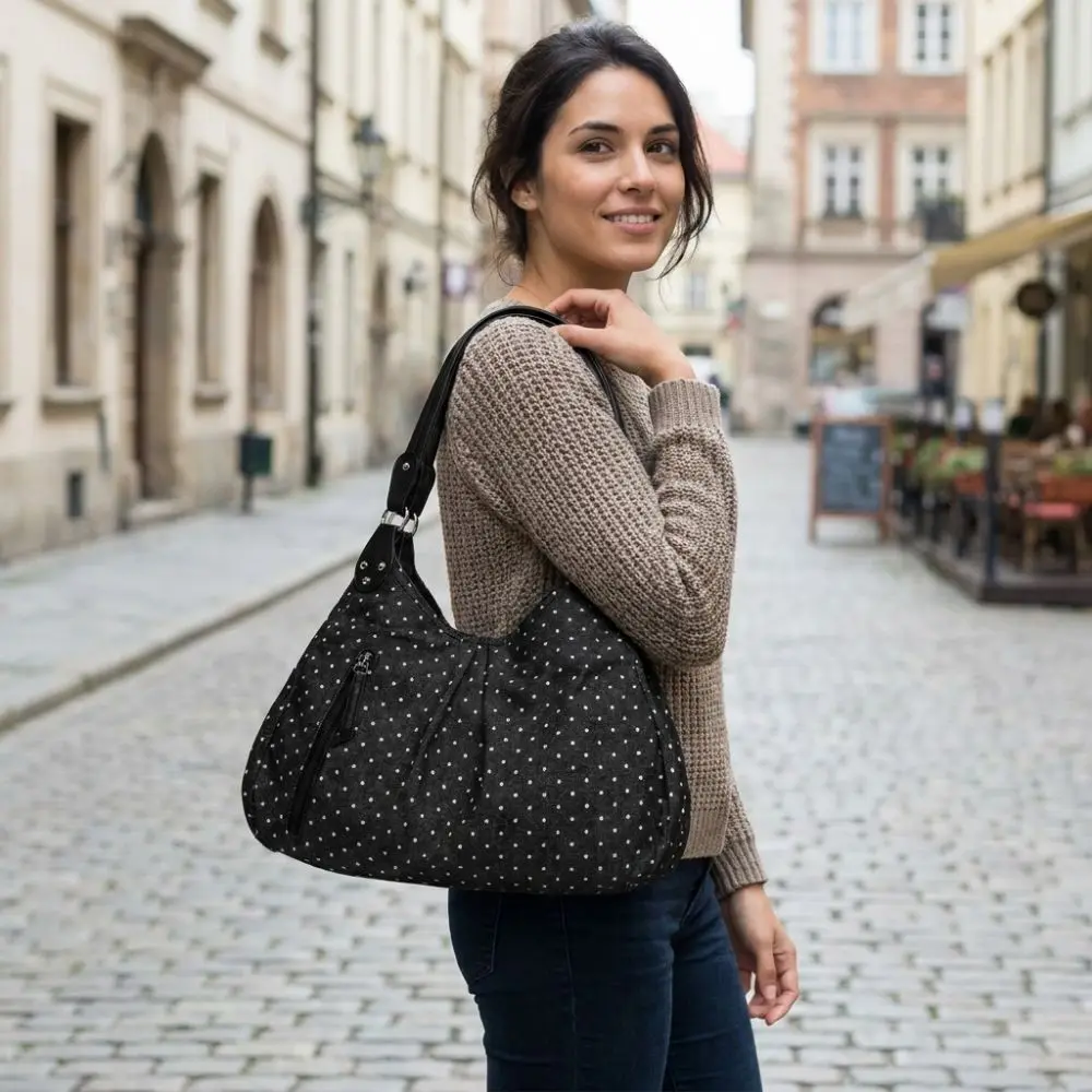 

Retro Polka Dot Shoulder Bag Large Capacity Black Large-capacity Tote Bags Comfortable Strap All-match Casual Bags Vintage Style