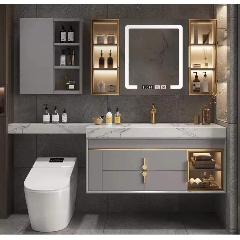 

green Slate bathroom cabinet combination light luxury bathroom washbasin simple oak smart mirror cabinet dark