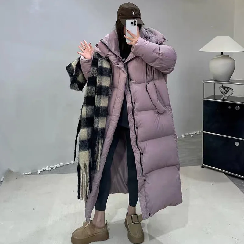 

Super Long White Duck Down Jacket Women's Over-the-knee Padded Hooded Warm Coat