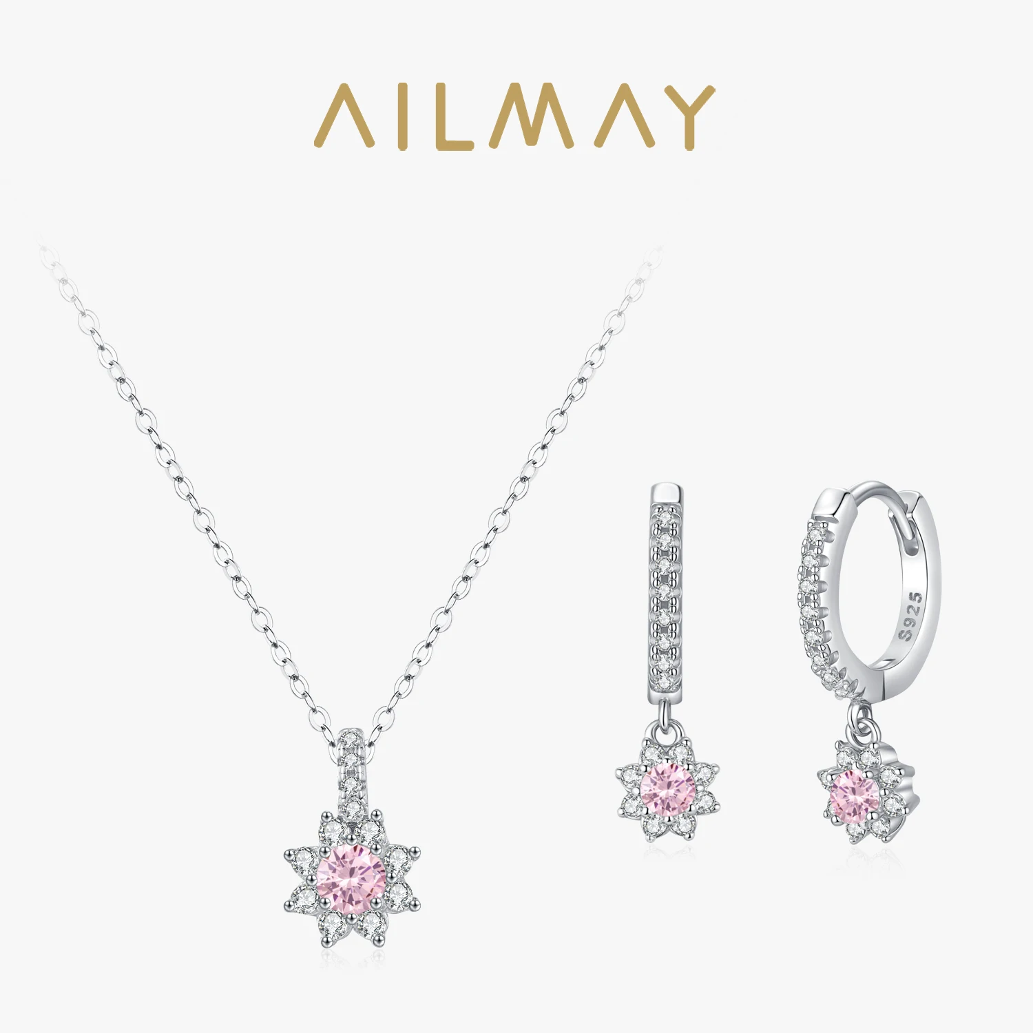 

Ailmay 925 Sterling Silver Romantic Pink Flower Pendant Necklace Earrings Jewelry Set for Women Wedding Engagement Jewelry Gifts
