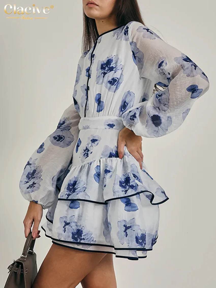 Clacive Fashion Loose Print Women\'s Dress Casual O-Neck Long Sleeve Mini Dresses Elegant Classic High Waist Pleated Female Dress