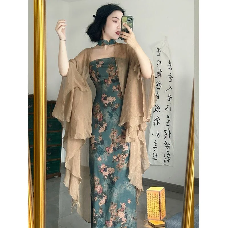 New Chinese National Style Suit Cool Summer Long Chest Length Slip Dress Zen Printed Skirt Two-piece Dress Women Dresses