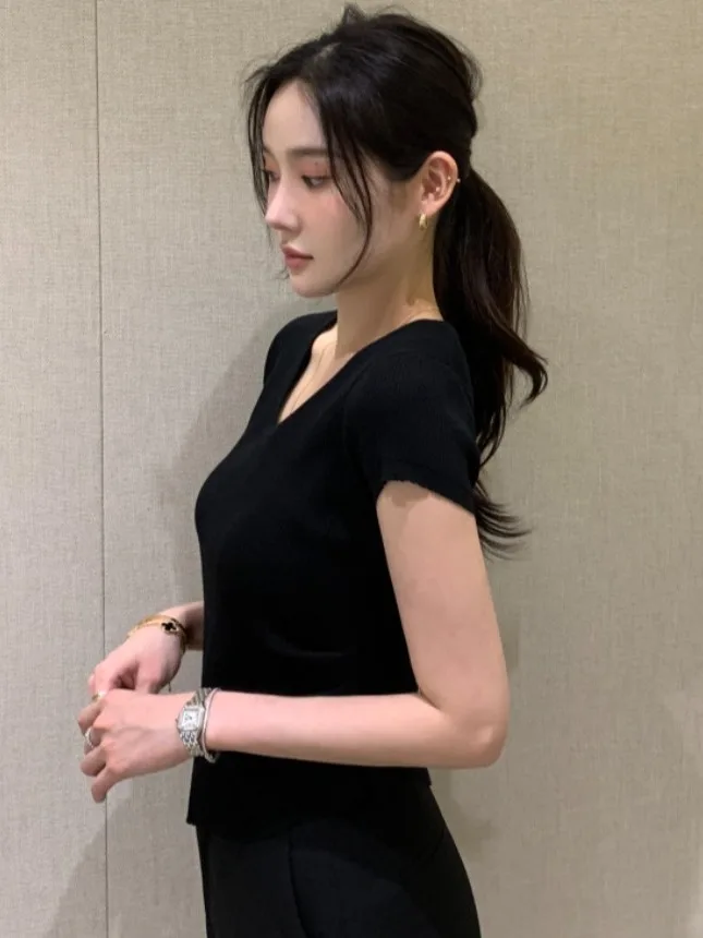 

Chic Summer New Simple V-ne Ele Hem Irregular Pleated Design ort Sve ort Casual irt Women's Knitted Top