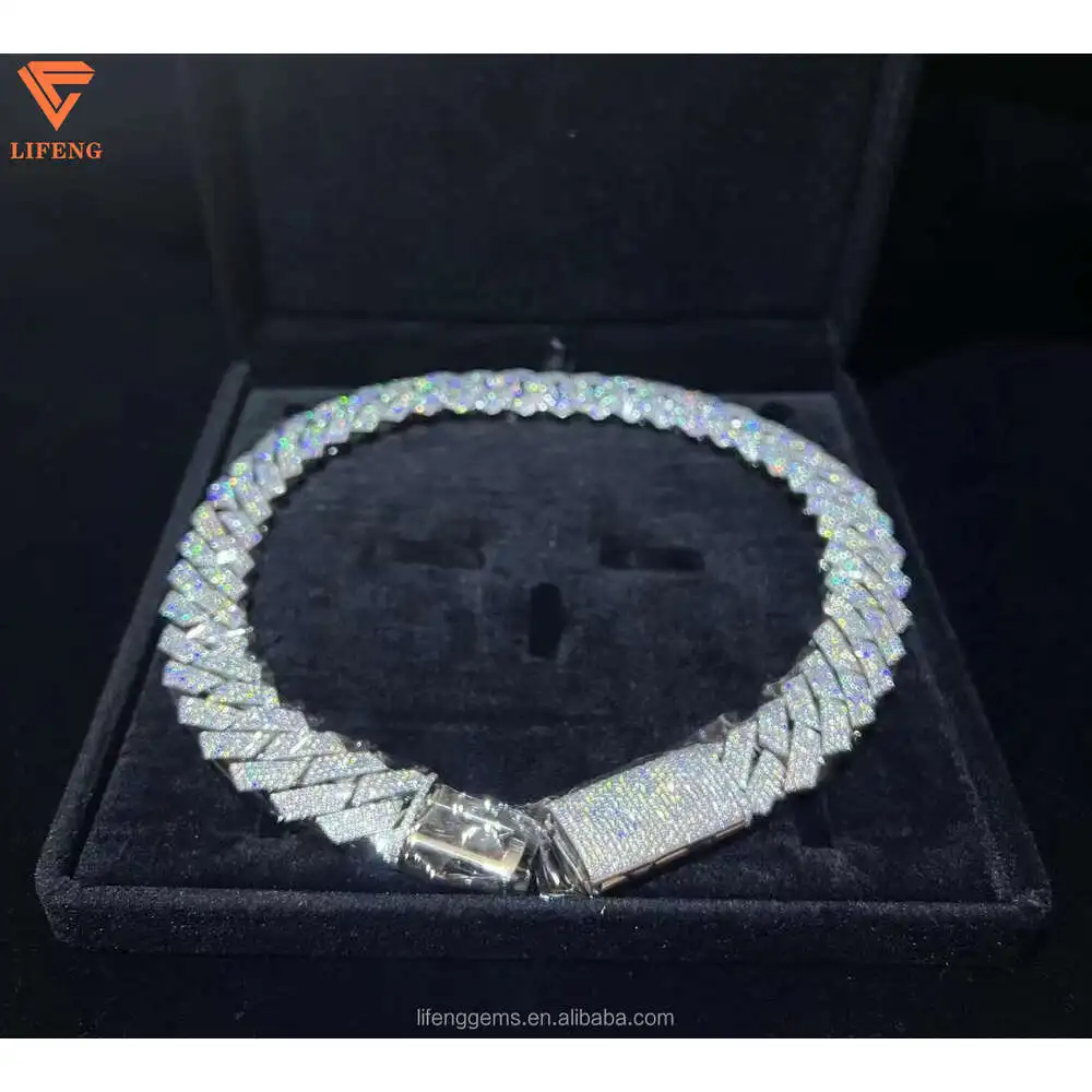 Pass Diamond Miami Hip Hop Jewelry Vvs Stone Shiny 3row Men 925 Sterling Silver Necklace Moissanite Cuban Link Chain