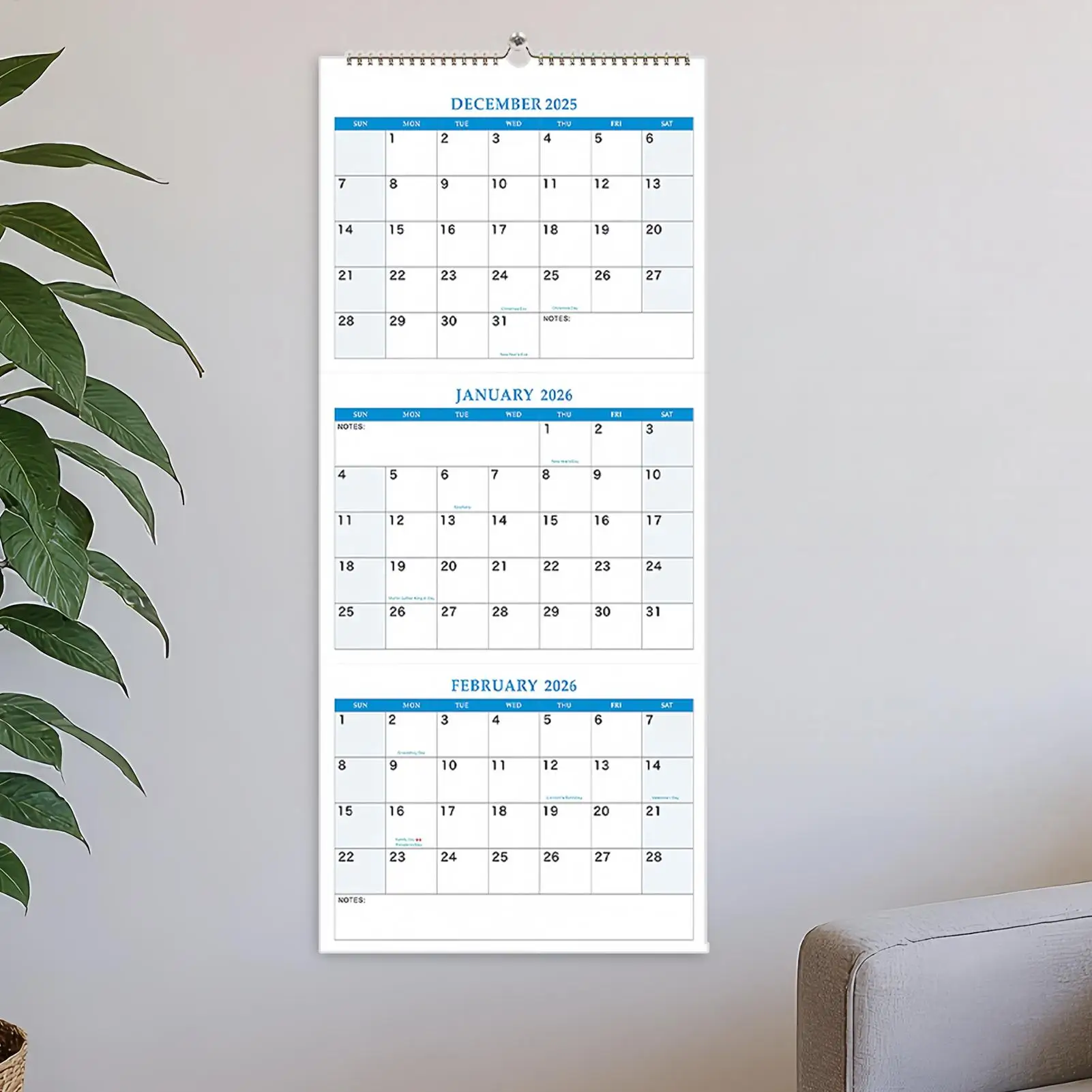 2026 wall calendar with 3-month vertical display, December 2025 to January 2027, for daily Schedule monthly organization planner