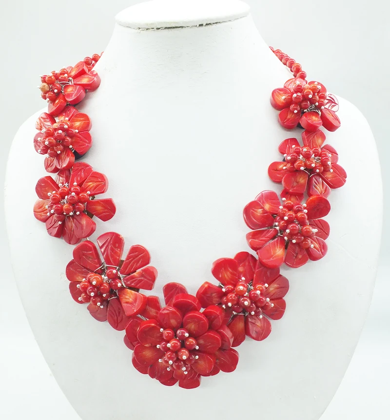 Fashion jewelry! Newest design. African bride wedding necklace. Natural red coral flower necklace