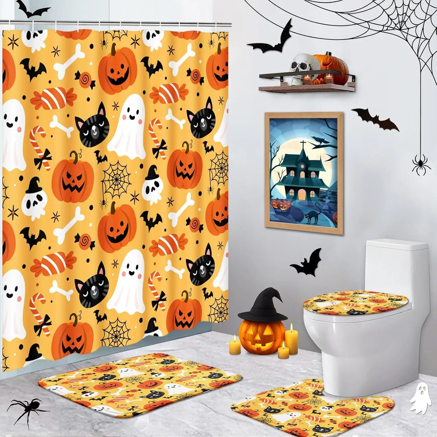 Halloween Skull Bathroom Set with Shower Curtain, Pumpkin Ghost Cat Fall Shower Curtain, Cute Fall Autumn Bathroom Decor 4 Pcs