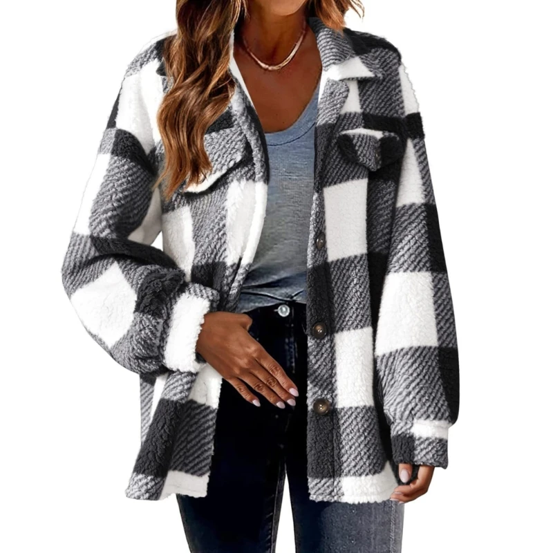 Womens Flannel Plaids Shacket Long Sleeve Button Down Shirts Lapel Collar Oversized Loose Fleece Coat Outerwear