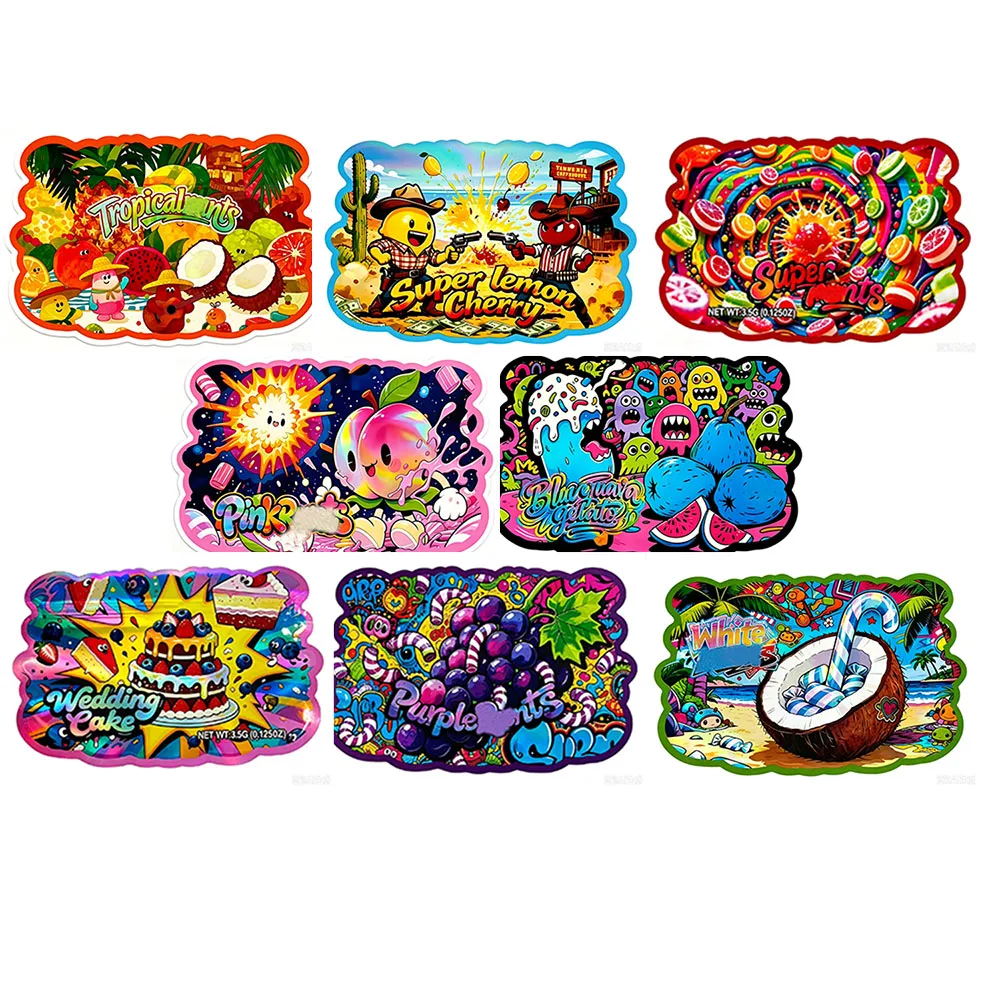 3.5G Cartoon Holographic Cali Irregular Die Cut Mylar Bag Plastic Zipper Storage Pouchs Empty Package 3.5 Gram Packaging Case