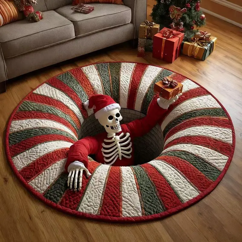 VIKAMA Christmas Round Rug Santa Skeleton Gift Box Hole Area Rug Living Room Holiday Home Decor Aesthetic Art Premium Cute