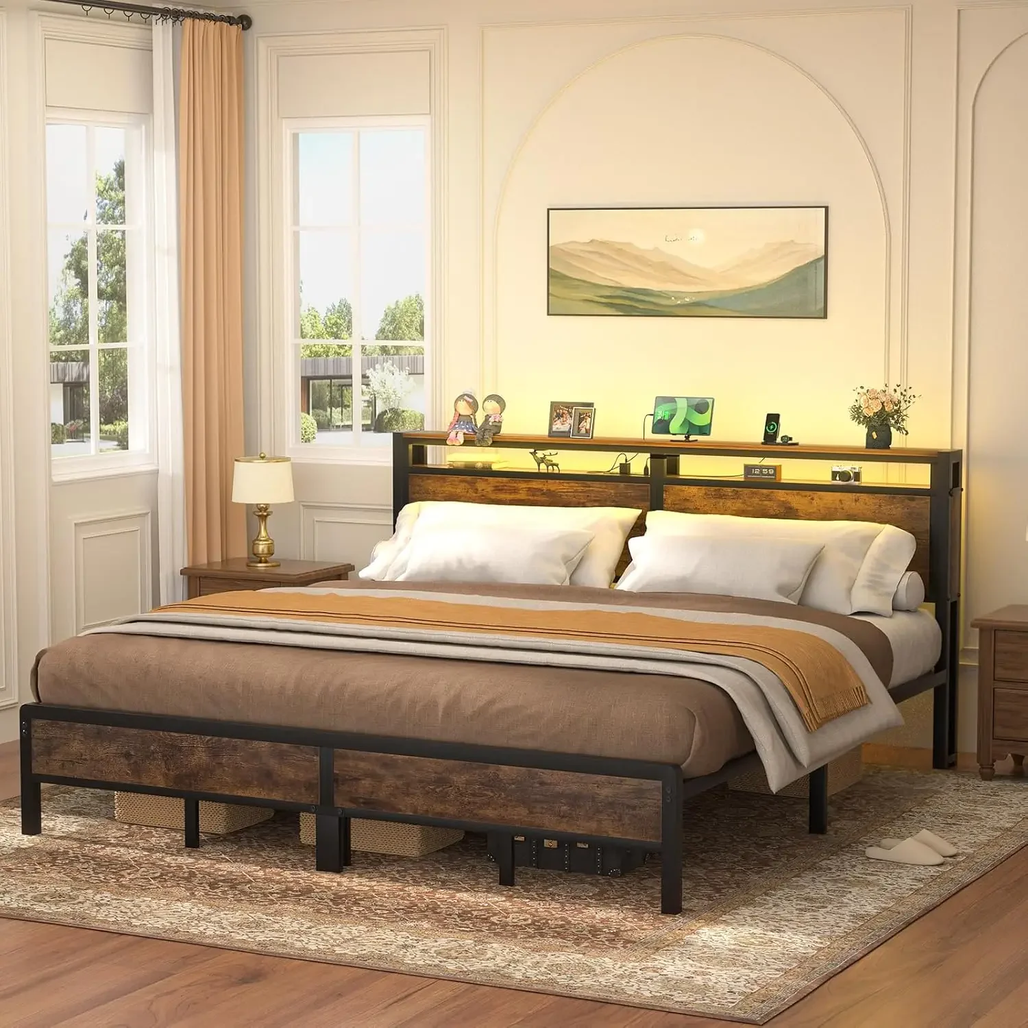 King Bed Frame with Charging Station and Led Lights, Industrial Metal Platform Bed with Storage Headboard, Steel Slat S