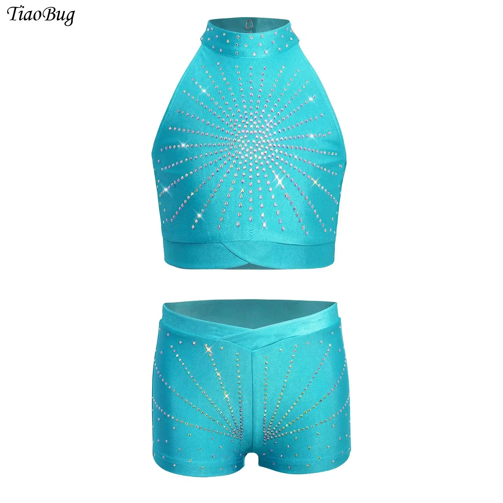 

Kids Girls Ballet Dance Gymnastics Costume Outfit Sleeveless Cutout Back Rhinestone Crop Top And Shorts Figure Skating Dancewear