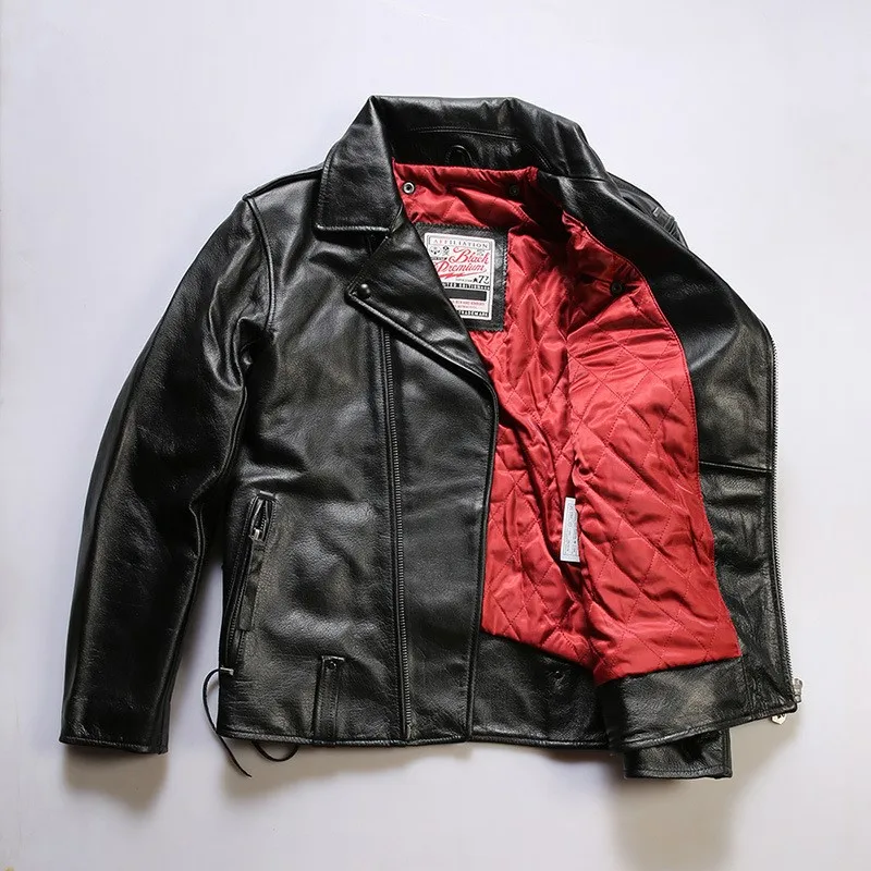 New lapel slanted zipper motorcycle leather for men oil-wax top layer cowhide