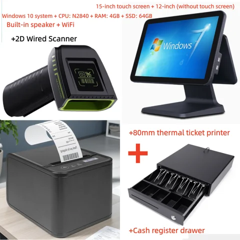 15.1 Inch Touch Cash Register with Built-in WIFI 80mm Thermal Printer Scanner Cash Drawer - Complete Set of Cash Register Equipm
