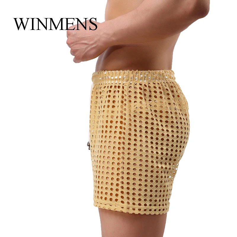 Men\'s Pajamas Pants Summer Sleep Bottoms WOXUAN Cut-outs See Through Indoor Shorts Lounge Funny Fishnet Gay Sexy Sleepwear