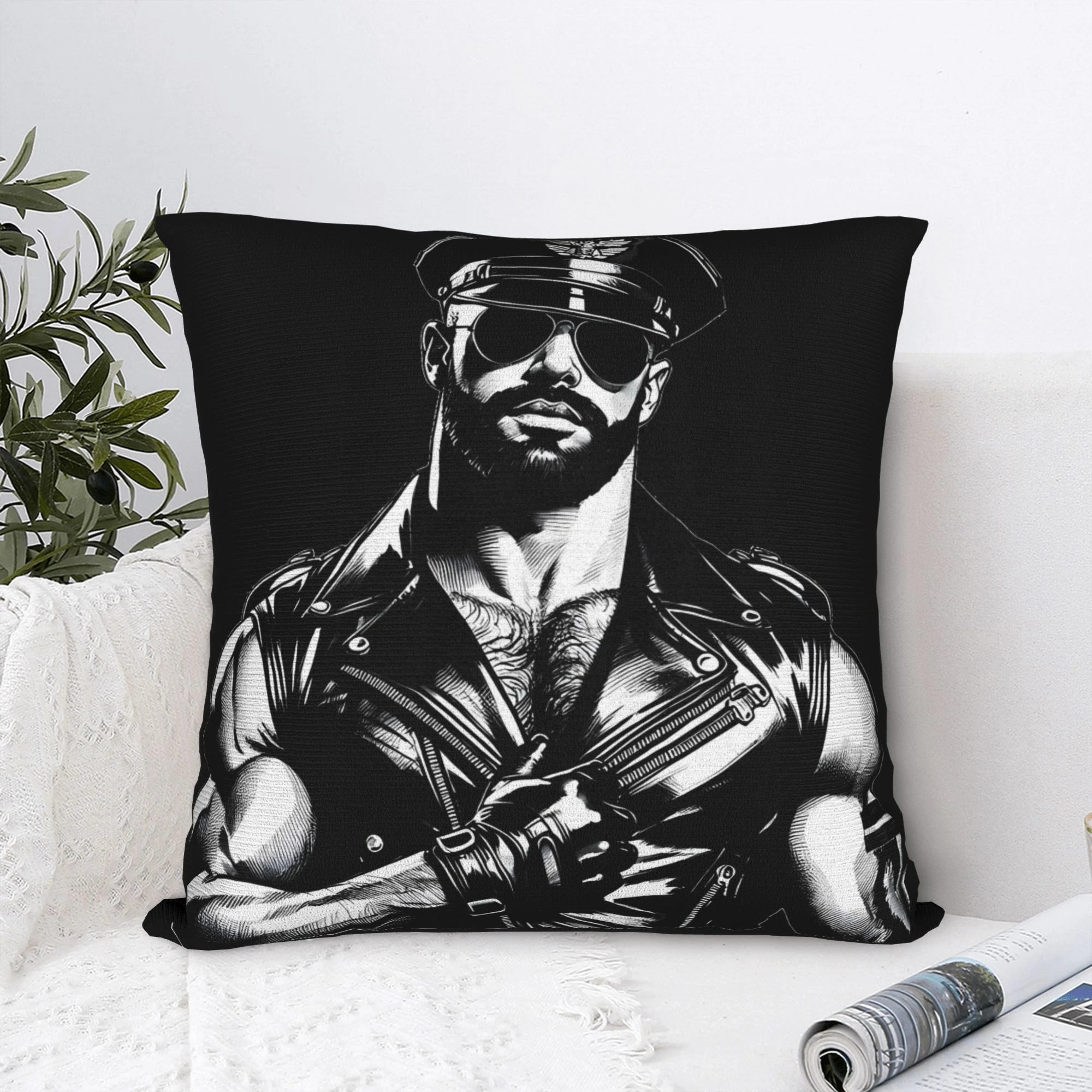 1pc Black & White Biker Leather Man Pillow Cover, Polyester 2D Double-Sided Print Cushion Case, Retro Motorcycle Style Throw Pil