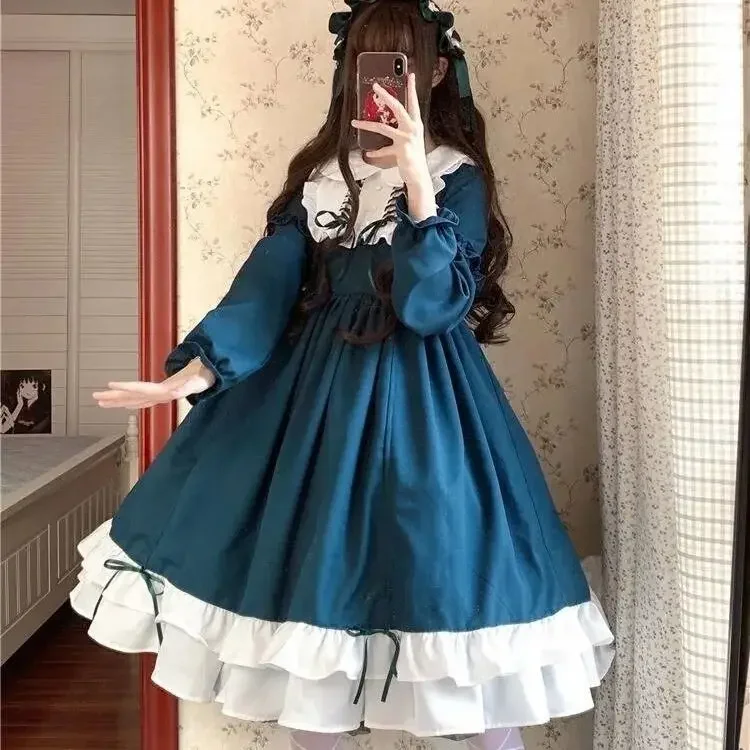 Coalfell Vintage Sweet Lolita Dress Gothic Ruffles Bow Knot Solid Color Victorian Dress Cosplay Lolita Dress