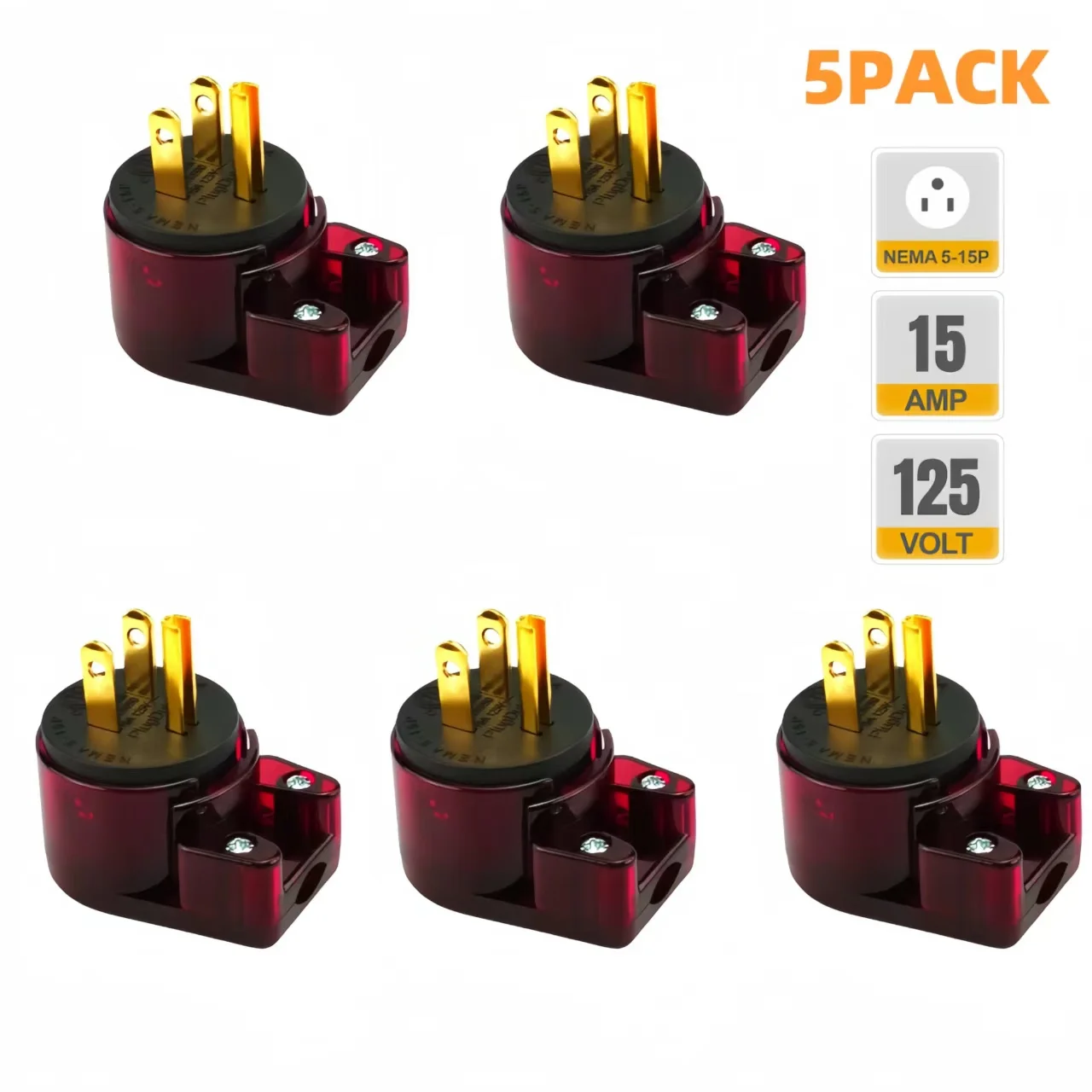 【NEW】(5Pack) Red Color ETL Verified Nema 5-15P Plug, 90 Degree Right Angle Plug 15A 125V Angled Plug, Nema 5-15P DIY AC Plug,