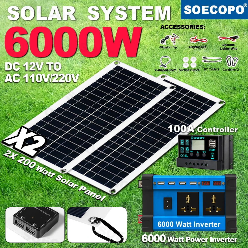 

SOECOPO 6000W Solar System Kit 2*200w Solar Panel DC 12V - AC 110V/220V Inverter Camping 100A Controller Home