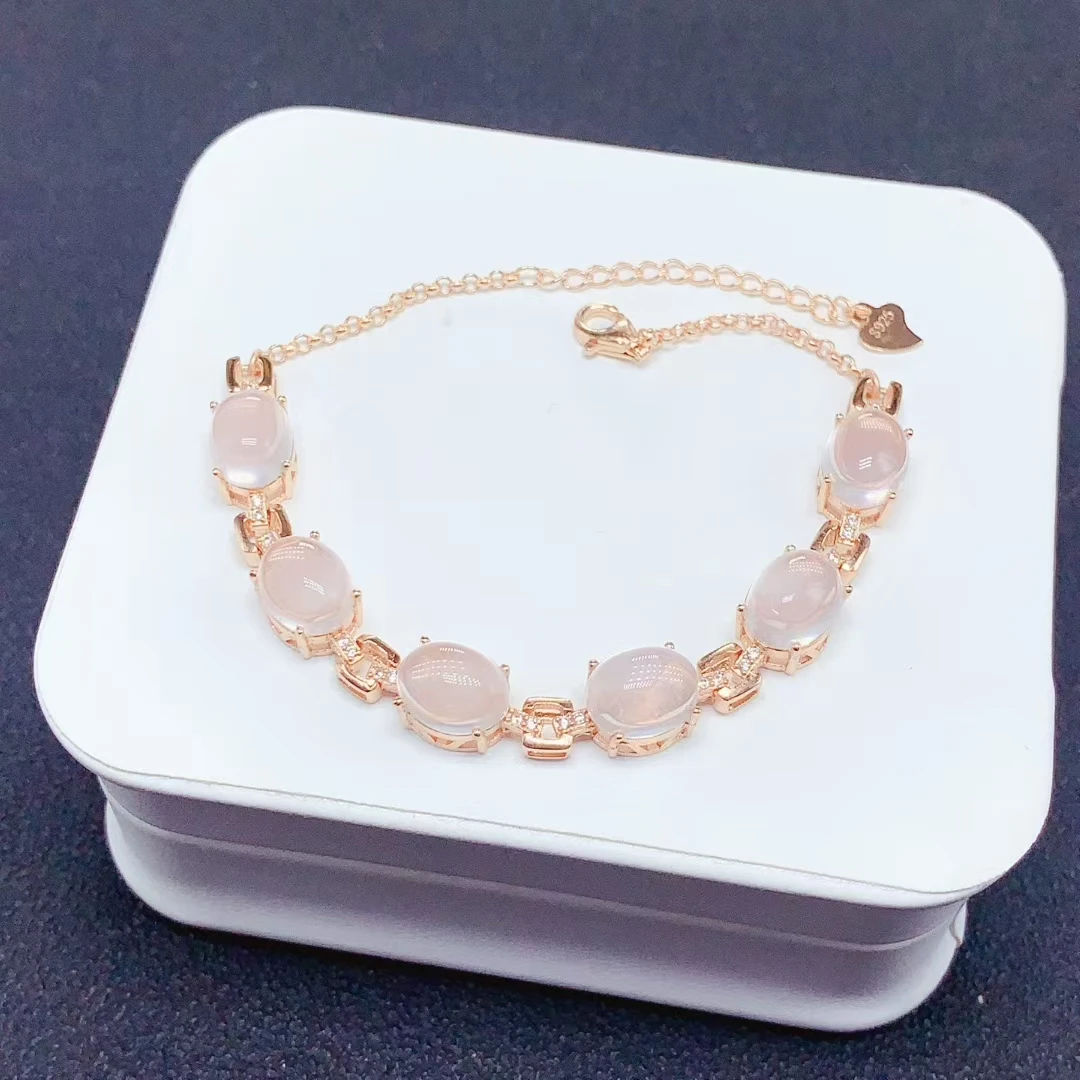 

Natural Rose Quartz Bracelet for Party 7mm*9mm 12ct Rose Quartz Silver Bracelet with 18K Gold Plated 925 Silver Gemstone Jewelry