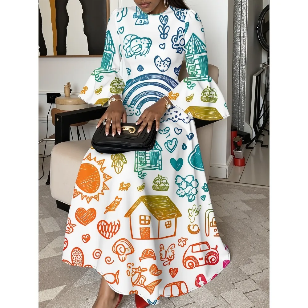 Abito lungo giocoso Doodles Abito fluido a trapezio con maniche arricciate Abbigliamento Boho Chic Abito casual da donna per le vacanze e casual