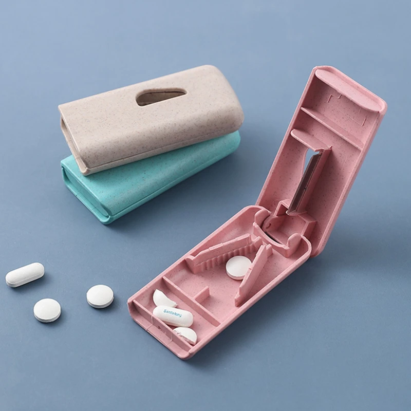 Portable Medicine Cutter Tablet Pill Splitter Box Mini Wheat Straw Color Plastic Storage Crusher Divider 3pc/lot