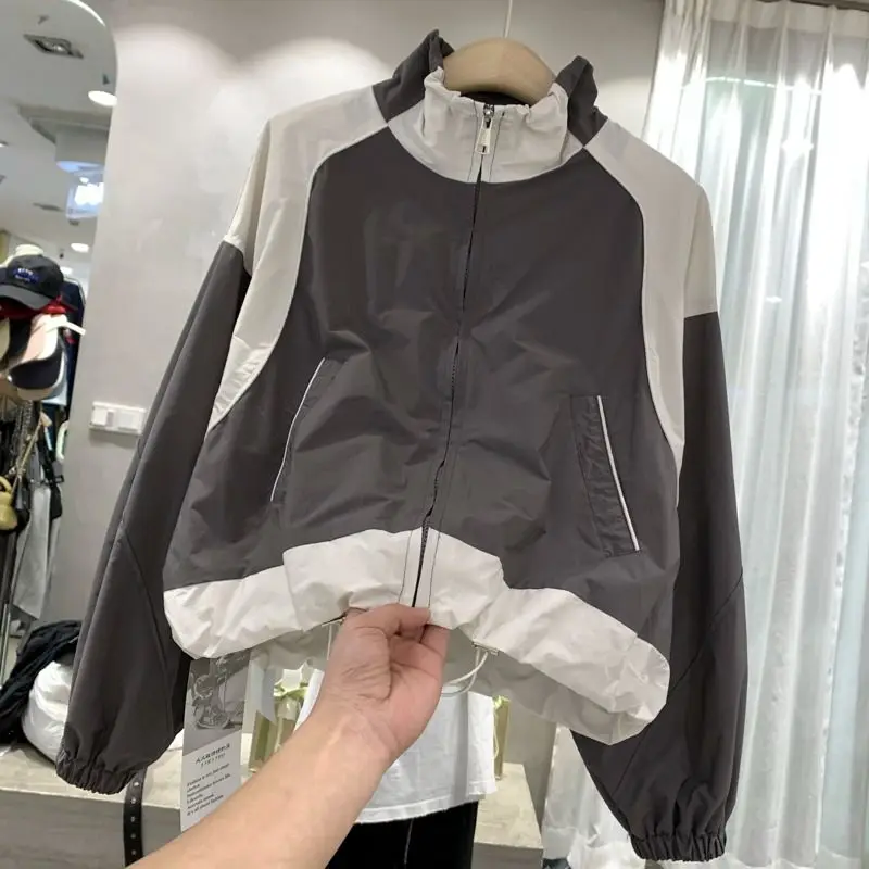 Kore kadın kırpılmış ceket boy Y2k Harajuku Zip Up rüzgarlık Patchwork hafif ceketler Streetwear bahar sonbahar yeni