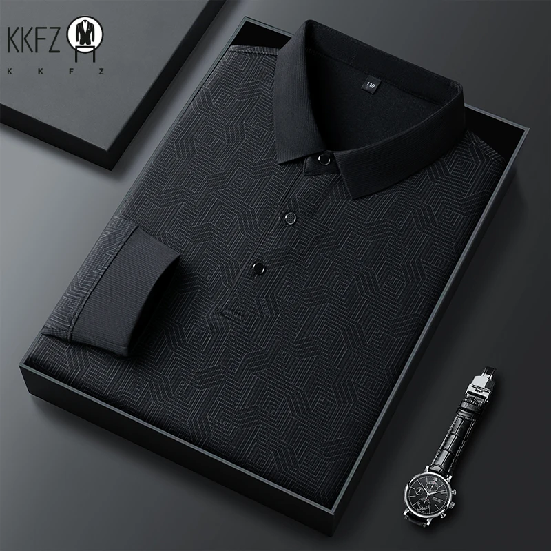New Men\'s Business Casual Long Sleeved Shirt with Badge Solid Color Polo Shirt Fashionable Breathable Comfortable Versatile Top