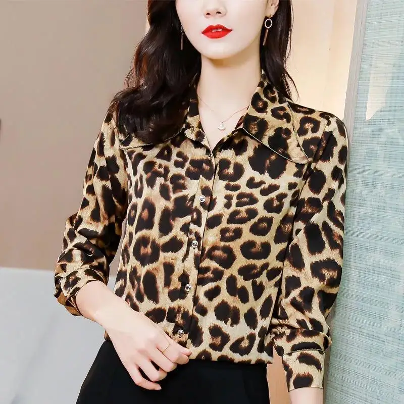 Stylish Printed Lapel Button All-match Leopard Shirt Women\'s Clothing 2023 Spring New Oversized Casual Tops Office Lady Blouse