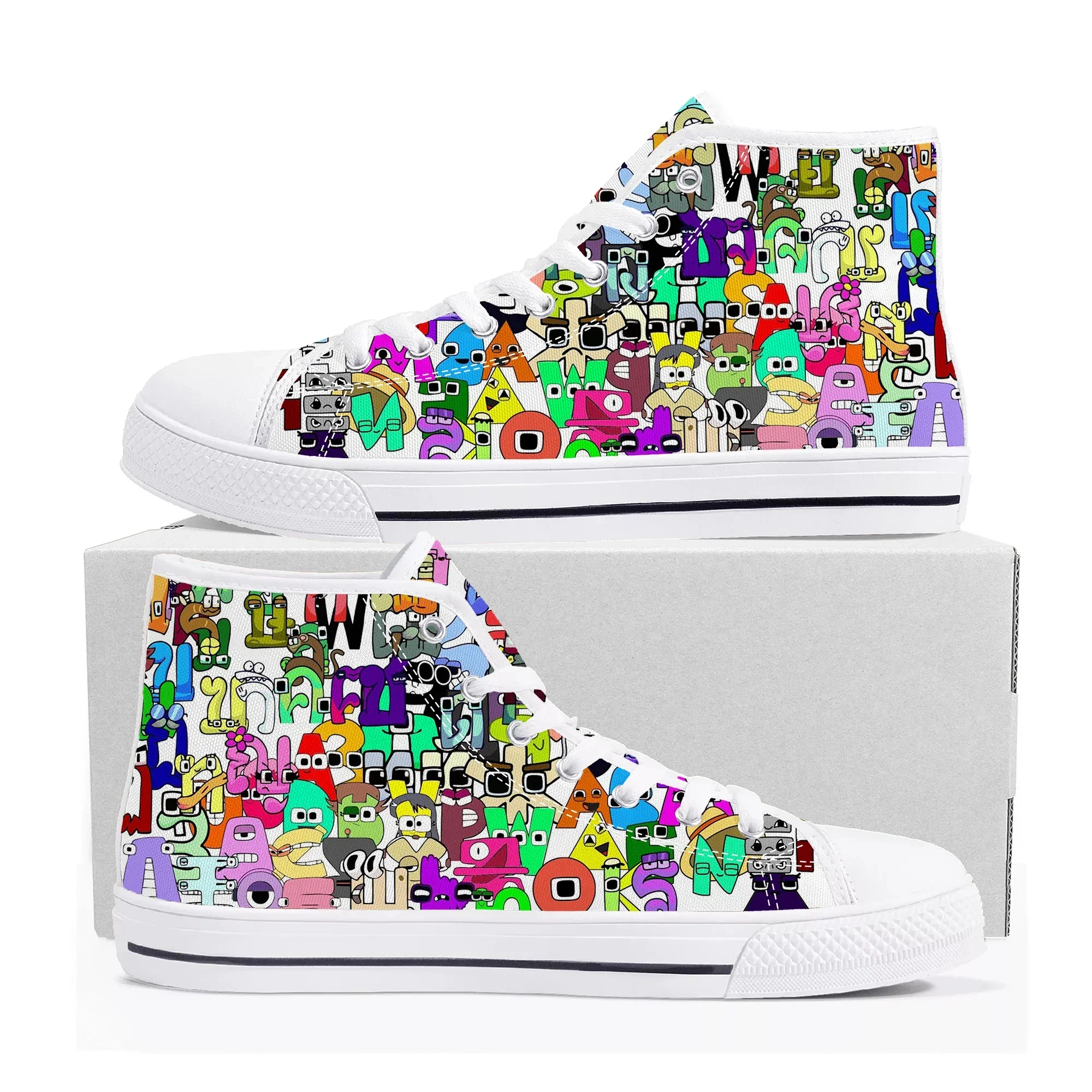 

Кроссовки Alphabet Lore High Top с мультяшным принтом для мужчин, женщин и подростков, высококачественные повседневные кеды из канваса, изготовленные на заказ