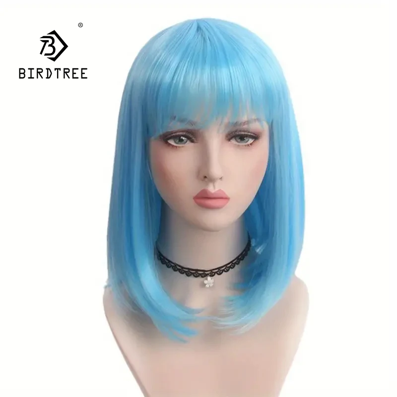 Comic style Age-reducing Collarbone Hair, Chic Qi bangs Blue Bob Wig With Bangs - heat-resistant, everyday wear J47001S