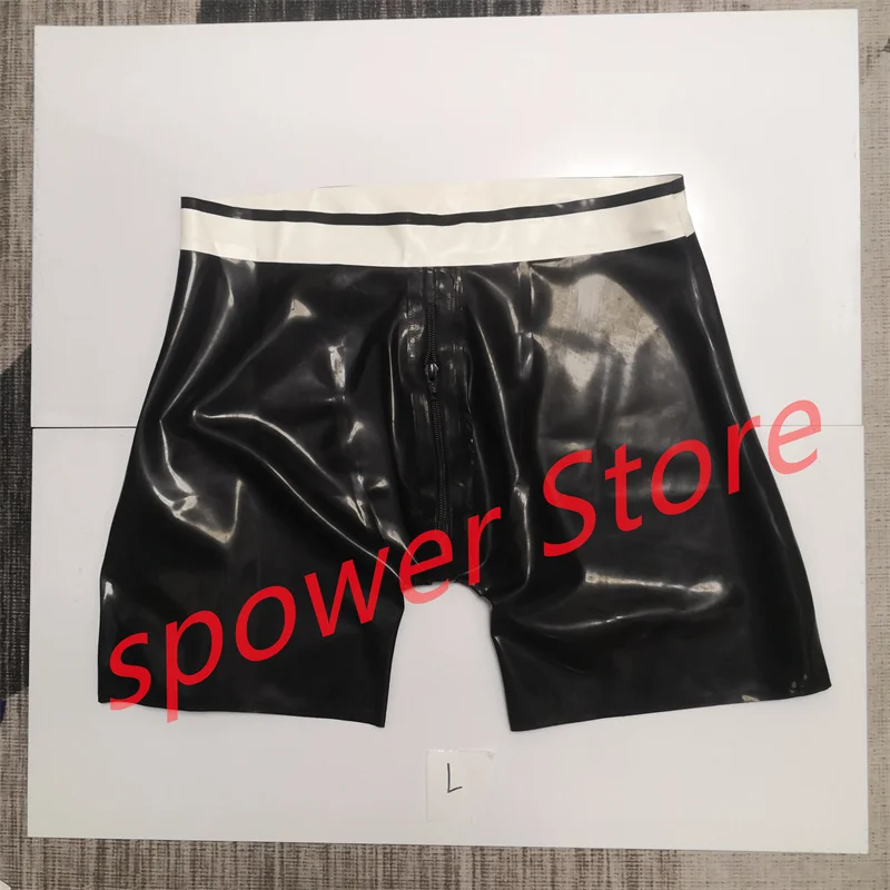 

Латексные трусики, сексуальные фетиш-резиновые шорты, черные с белой молнией спереди, нижнее белье, косплей-костюм ручной работы для мужчин