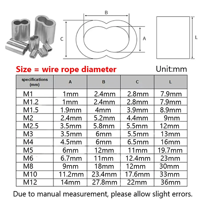 M0.5~M20 Aluminum Wire Rope Crimp Fixed Sleeve Fixing Clip Oval 8-type Wire Ferrules Cord Lock Aluminum Cable Stopper Crimp Rope