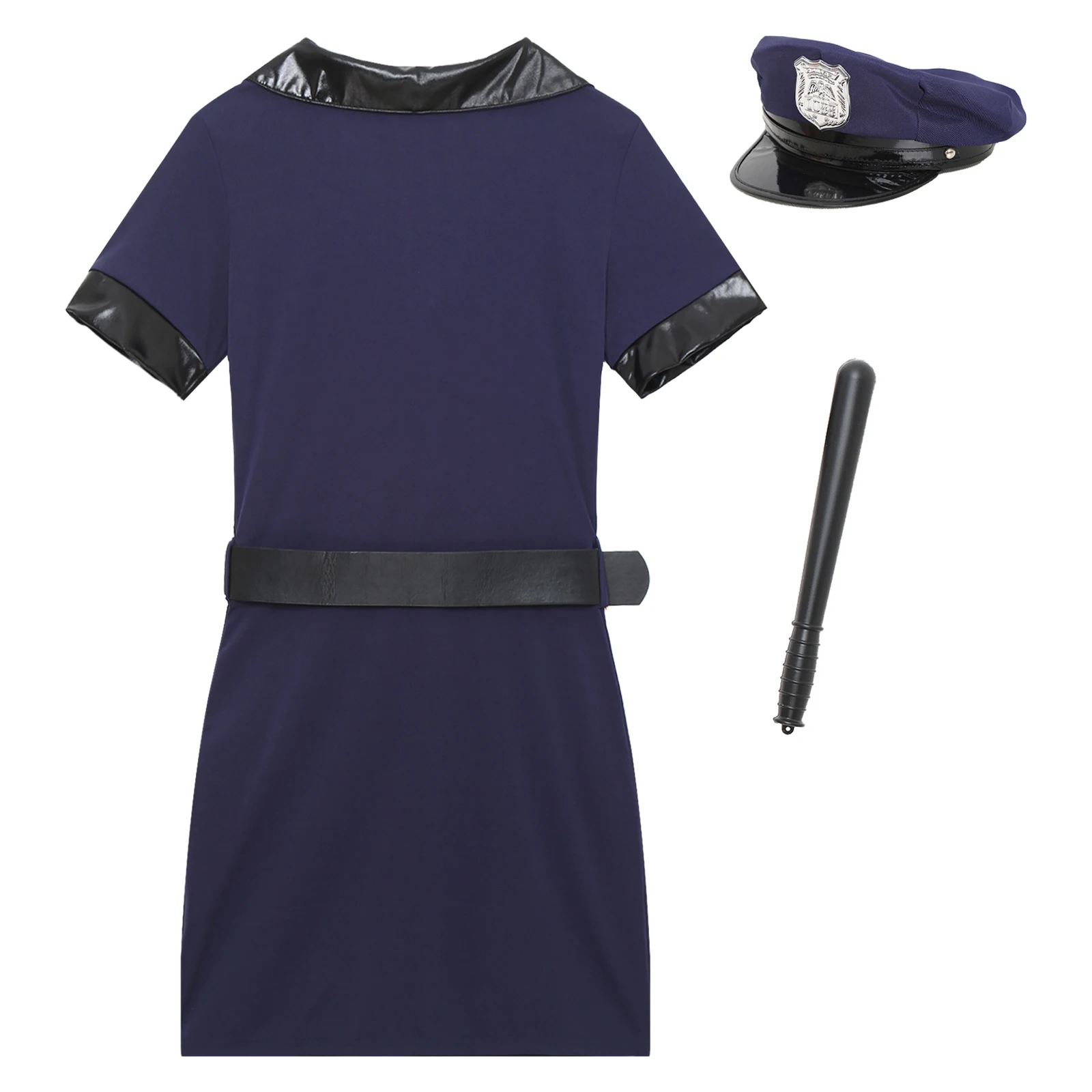 Womens Sexy Halloween Policewoman Cosplay Costumes Front Button Up Dress Hat Belt Nightstick 4-Piece Cop Police Uniform