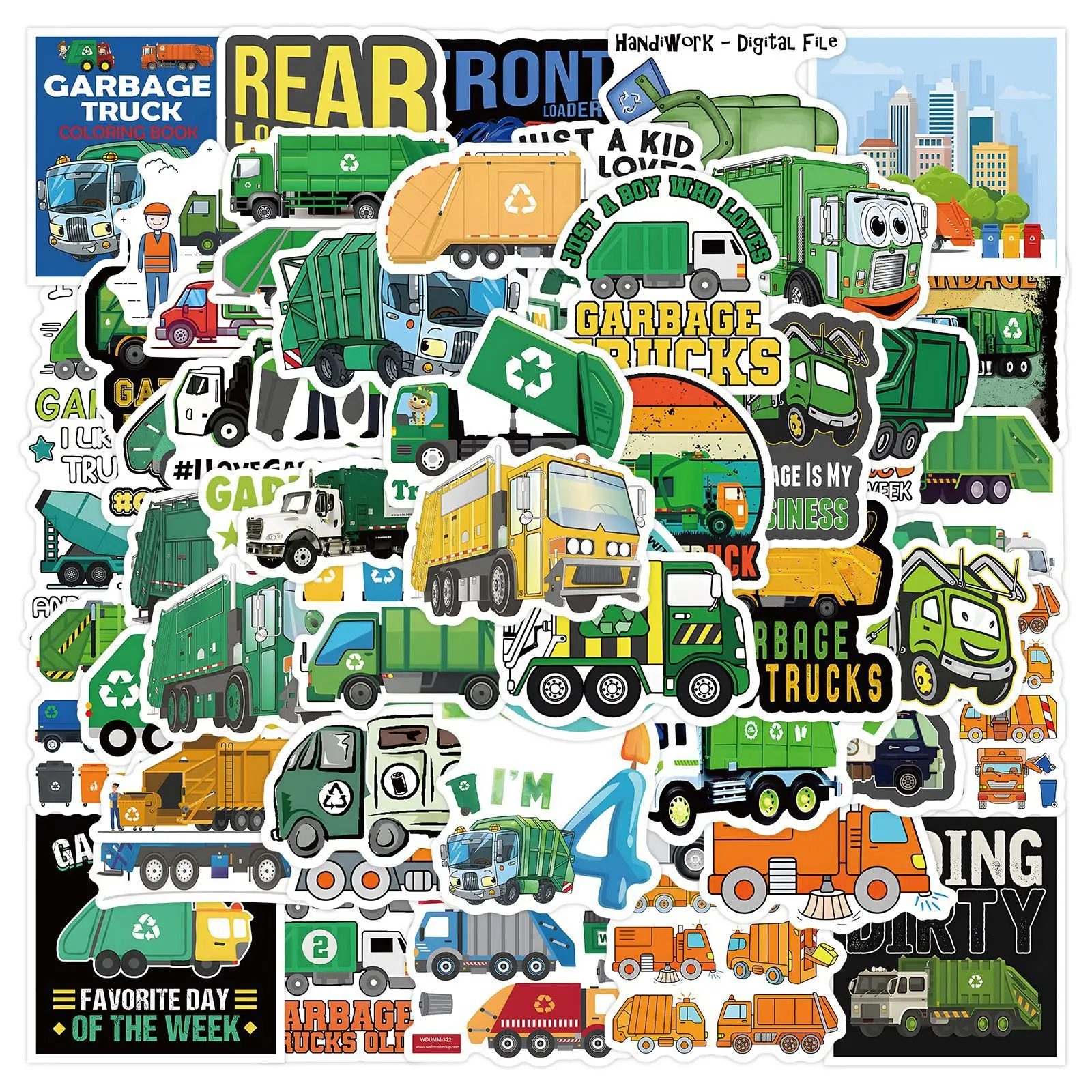 60PCS Garbage Truck Stickers Cartoon Construction Vehicle & Recycling Truck DIY Decorative Notebook Waterproof Stickers Kids Toy