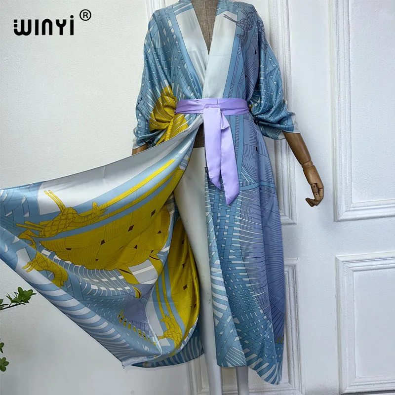 NEW WINYI summer 2024 print Middle east kimono beach cover up dress elegant African women boho Cardigan Holiday maxi abaya