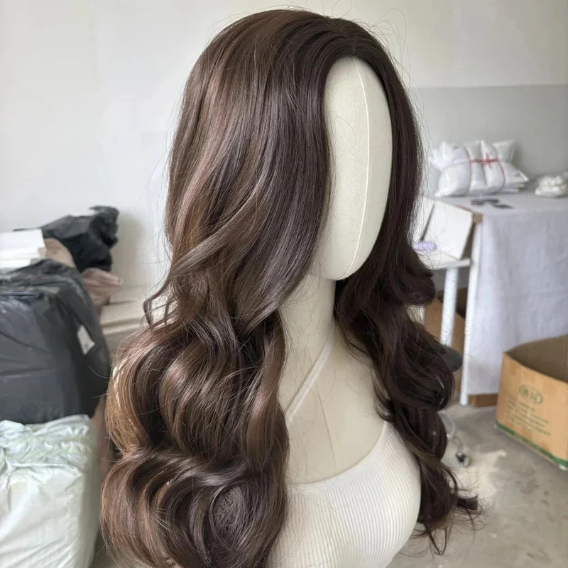 Human Hair Brand New Women's Long Natural Dark Brown Wavy Wig