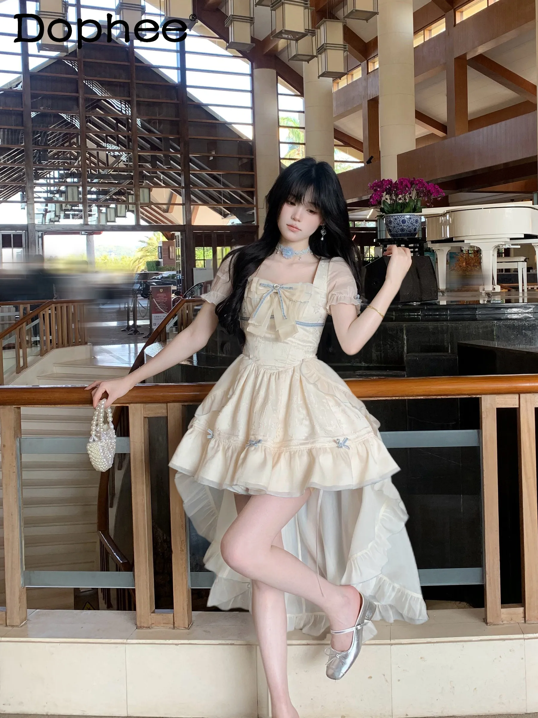 

Sweet and Cute Girl Three-dimensional Jacquard Trailing Fluffy Princess Dress Birthday Party Bow Short Sleeve Dress