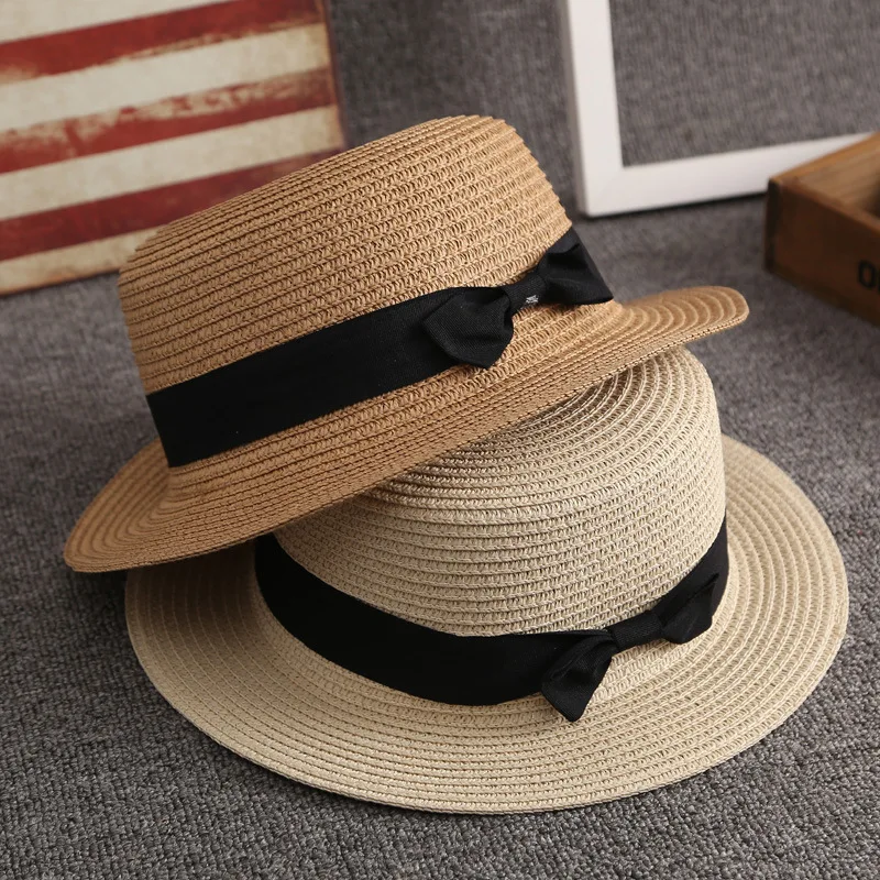 Sun Hat Women Summer Panama Hat Beach Girls Casual Lady Flat Brim Bowknot Straw Cap Girls Sun Hat Chapeu Feminino