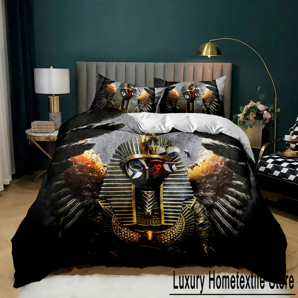 Pharaoh Bedding Sets,King Size 3D Ancient Egypt Tribe Decor Comforter Cover Set for Adult Egyptian Pyramid Polyester Duvet Cover