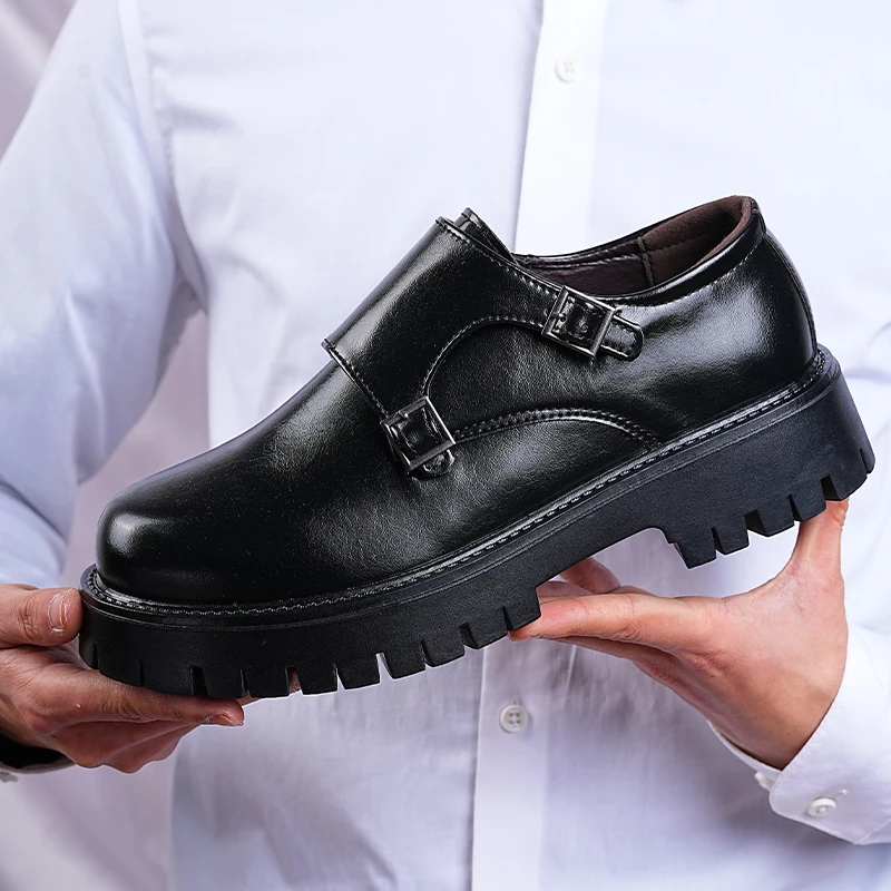 Men's Korean Style Thick Sole Monk Shoes Fashion Double Buckle Elevator Slip-On Leather Loafers