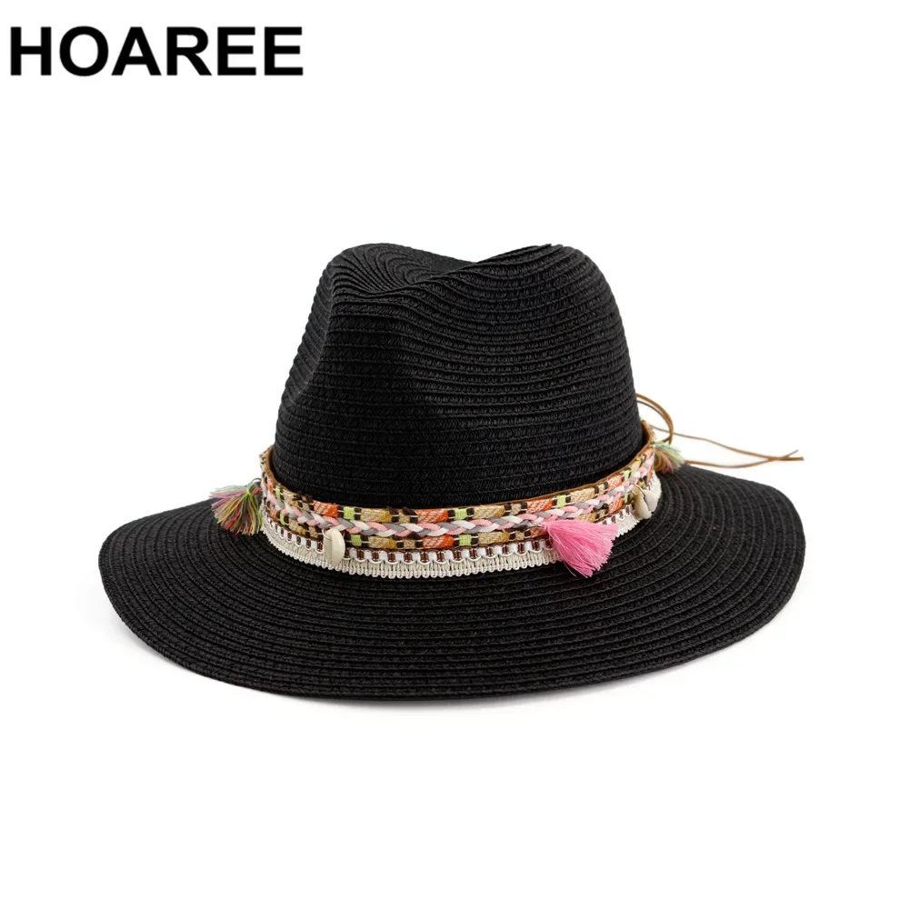 HOAREE Sombrero de paja para el sol Sombrero panamá blanco Playa Gorras de verano para mujer Sombrero Fedora femenina Sombrero informal para mujer