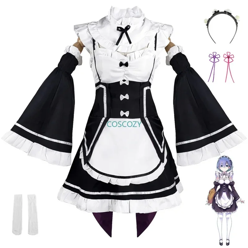 Ss13ram/rem cosplay re: zero kara hajimeru isekai seikatsu peruca longa trajes cocar terno de festa anime vestido de empregada traje