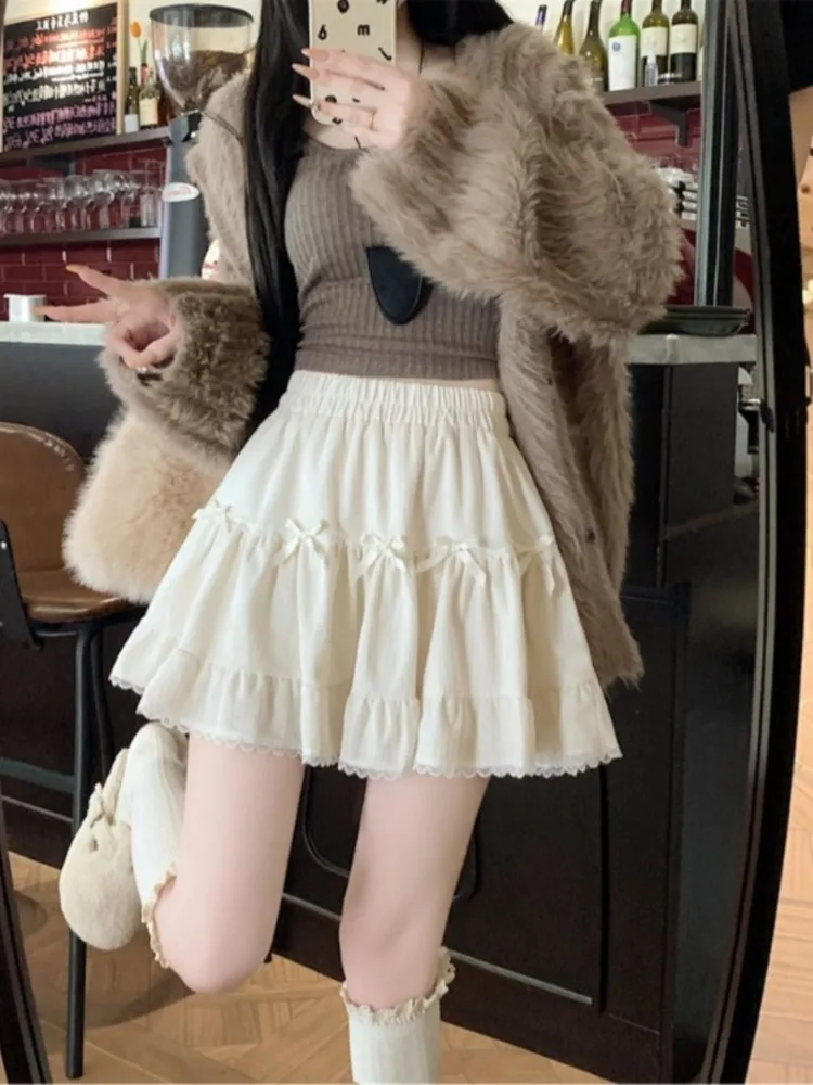 

Sweet Mini Skirts Women Bow Velvet 2025 Spring Fashion Stretch Lace Patchwork High Waist Party Skirt Female Casual