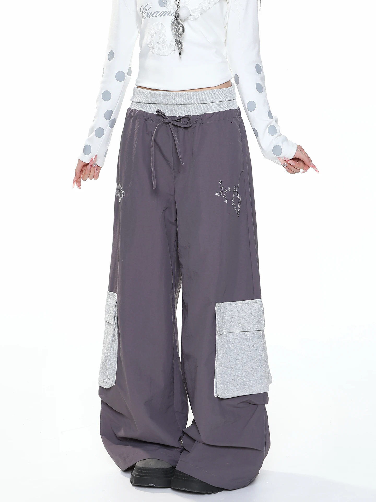 American Retro Color Block Workwear Wide Leg Pants Women's High Waist Slim Loose Belted Casual Drapey Floor Length Trousers