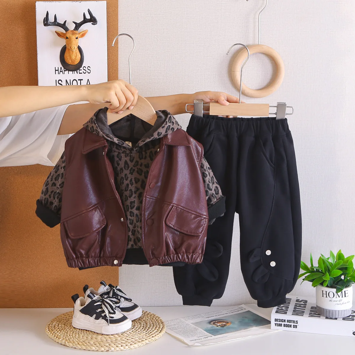 Toddler Boys Christmas Outfits 2026 Autumn Winter Baby Boy Clothes PU Leather Vest + Leopard Hoodies + Pants 3 PCS Kids Suit Set