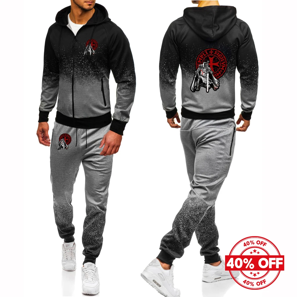 2025 الربيع والخريف رجل فرسان تمبلار نمط شعار طباعة التدرج اللون سستة هوديس + الترفيه Sweatpants طويلة الدعاوى