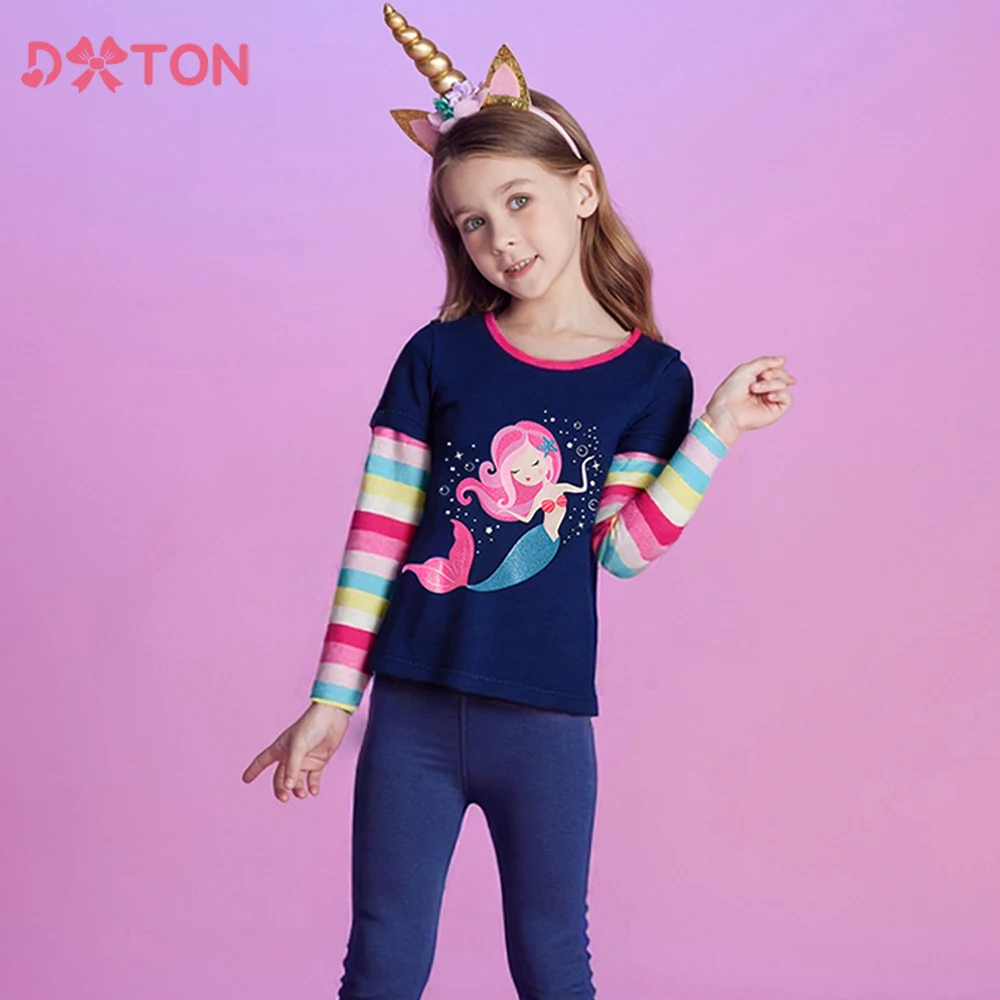 

DXTON Girls Daily T-shirt Mermaid Children Striped Clothing Toddler Tees 2025 Autumn Long Sleeve Kids Girls Cartoon Tee Tops