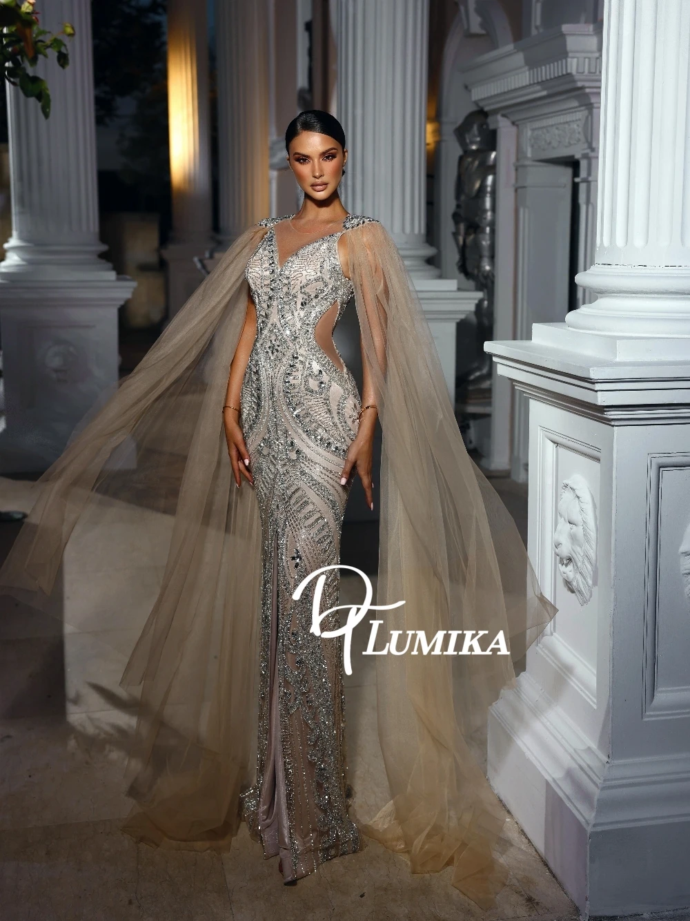 

Royal Beaded Crystals Evening Dress Bodycon Fit Formal O Neck Sexy Cutout Charming Customized Prom Gown With Long Tulle Cape