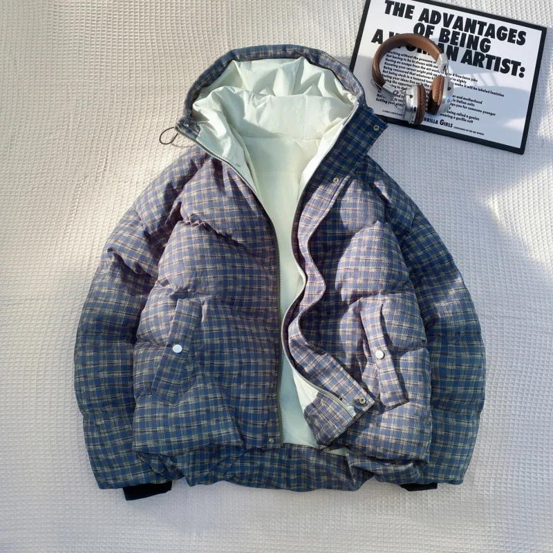KIDWHXR Parkas Coat Winter Men Korean Plaid Thicken Warm Male Hooded Jacket Loose Outdoor Casual Versatile Man Outerwear